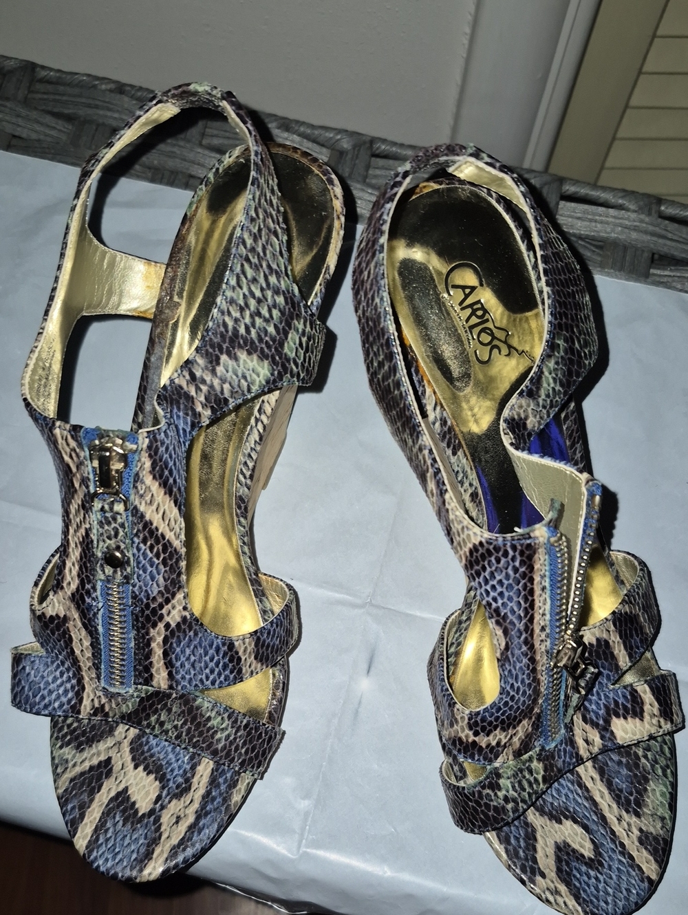 Carlos Santana Blue Snake-Print Zipper Slingback Wedges with Gold Lining